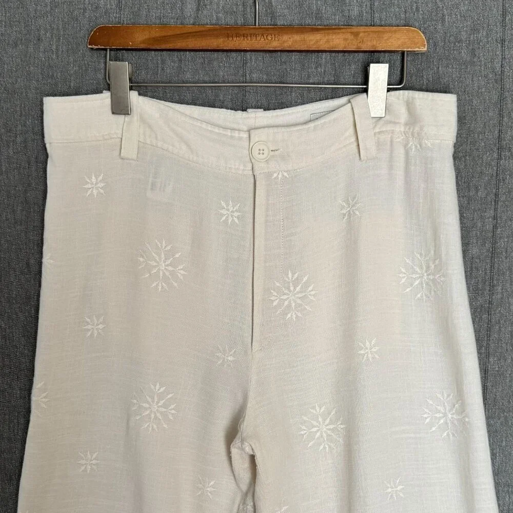 Zara Linen Blend Ivory / Light Cream High Rise Embroidered Wide Leg Pants XL